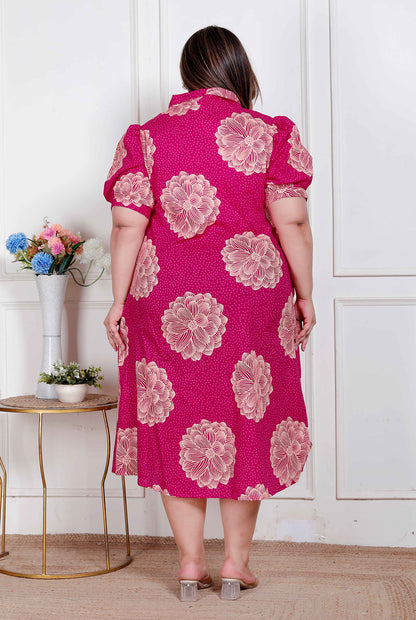 Miravan Plus Size Womens Pink Printed Collar Neck Short Puff Sleeves Cotton A-Line Maxi Dress