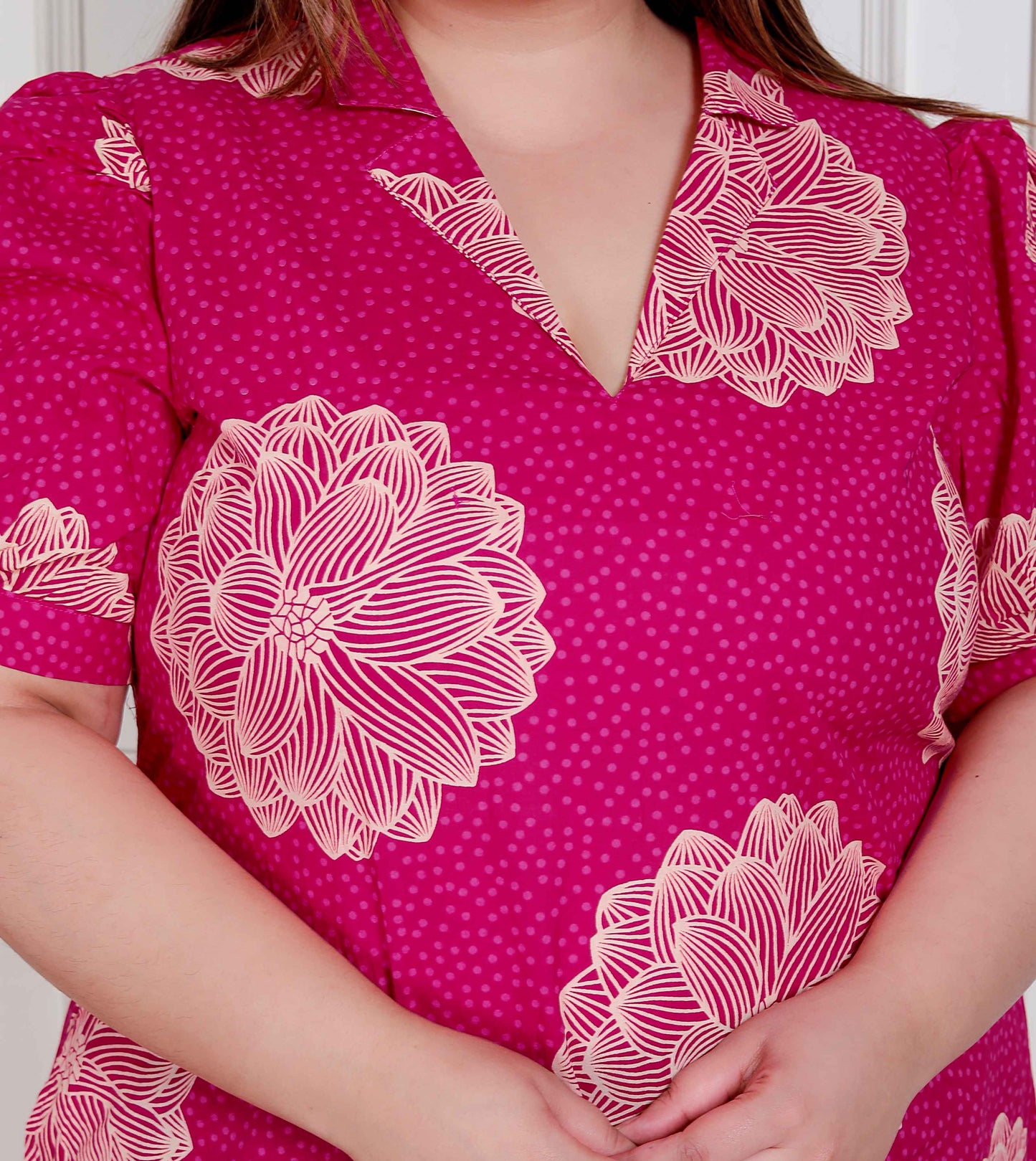 Miravan Plus Size Womens Pink Printed Collar Neck Short Puff Sleeves Cotton A-Line Maxi Dress