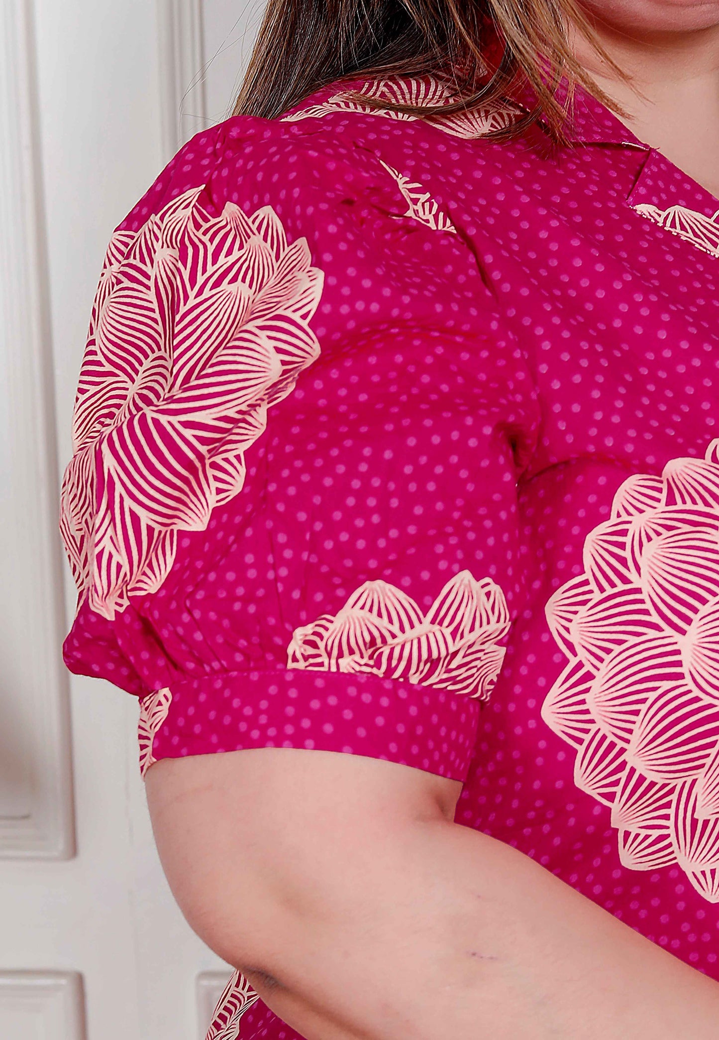 Miravan Plus Size Womens Pink Printed Collar Neck Short Puff Sleeves Cotton A-Line Maxi Dress
