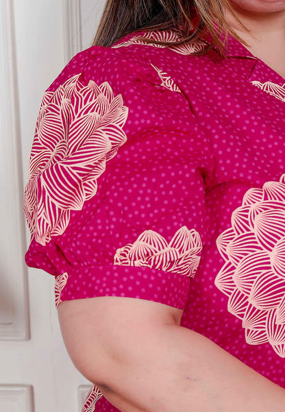 Miravan Plus Size Womens Pink Printed Collar Neck Short Puff Sleeves Cotton A-Line Maxi Dress