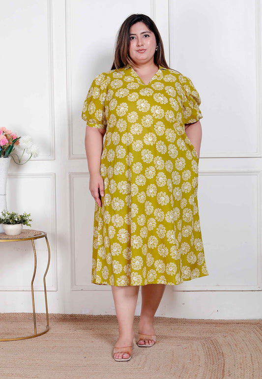 Miravan Plus Size Women's Yellow Printed Puff Sleeve Floral  Maxi Party Dress