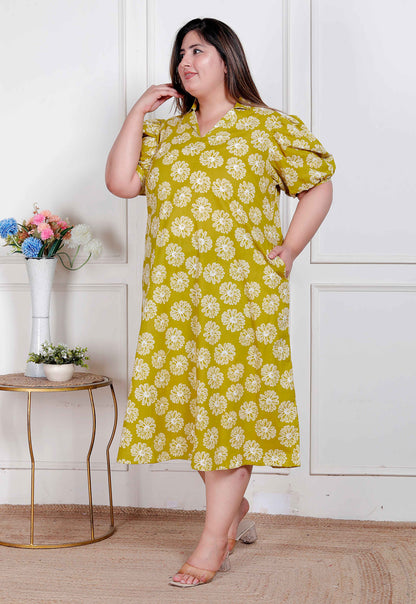 Miravan Plus Size Women's Yellow Printed Puff Sleeve Floral  Maxi Party Dress
