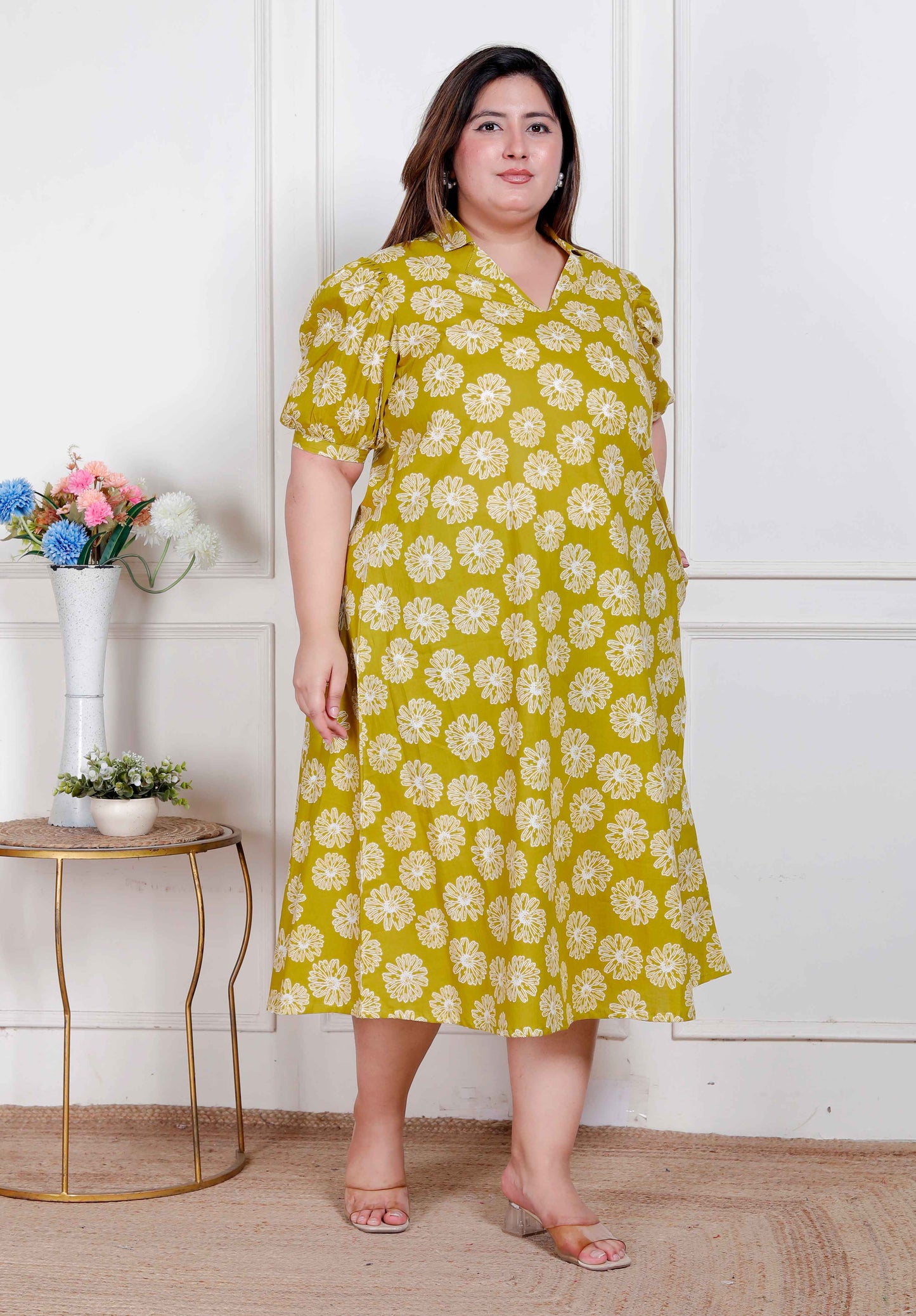 Miravan Plus Size Women's Yellow Printed Puff Sleeve Floral  Maxi Party Dress