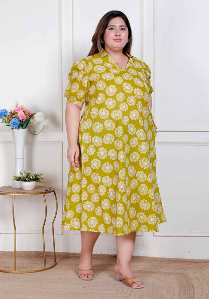 Miravan Plus Size Women's Yellow Printed Puff Sleeve Floral  Maxi Party Dress
