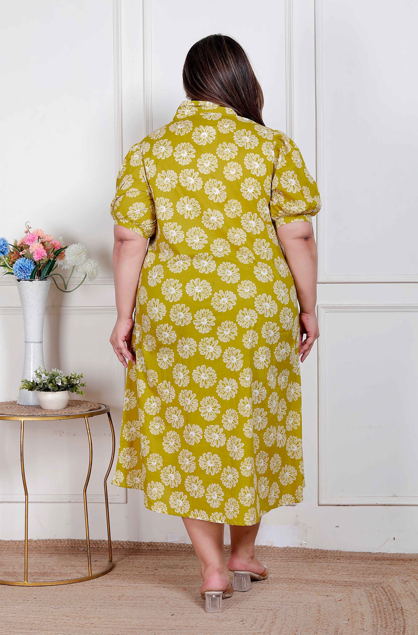 Miravan Plus Size Women's Yellow Printed Puff Sleeve Floral  Maxi Party Dress