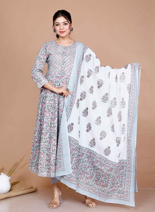 Women'S Blue Printed With Gota Patti Work Anarkali Kurta With Dupatta - Miravan