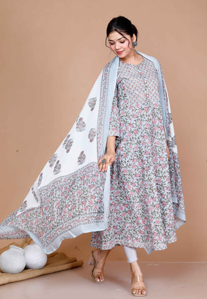 Women'S Blue Printed With Gota Patti Work Anarkali Kurta With Dupatta - Miravan