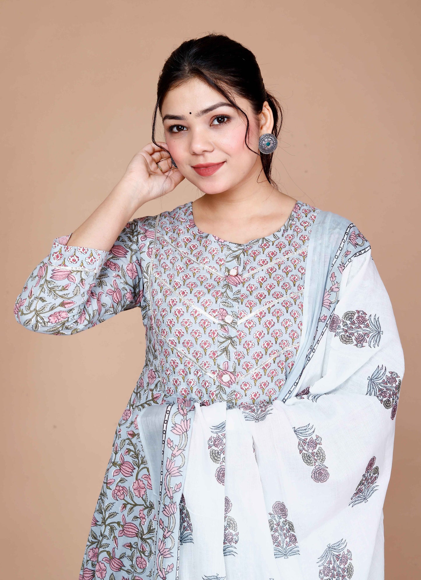 Women'S Blue Printed With Gota Patti Work Anarkali Kurta With Dupatta - Miravan