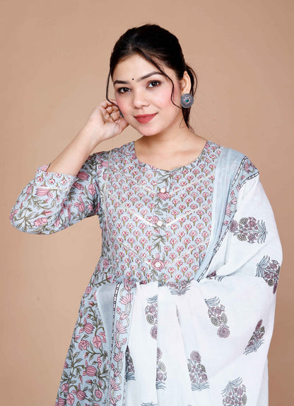 Women'S Blue Printed With Gota Patti Work Anarkali Kurta With Dupatta - Miravan