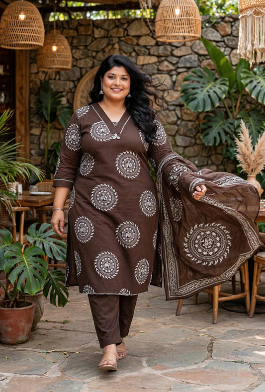 Miravan Womens Plus Size Animal Print Cotton Brown Stitched Kurta Palazzo With Dupatta set