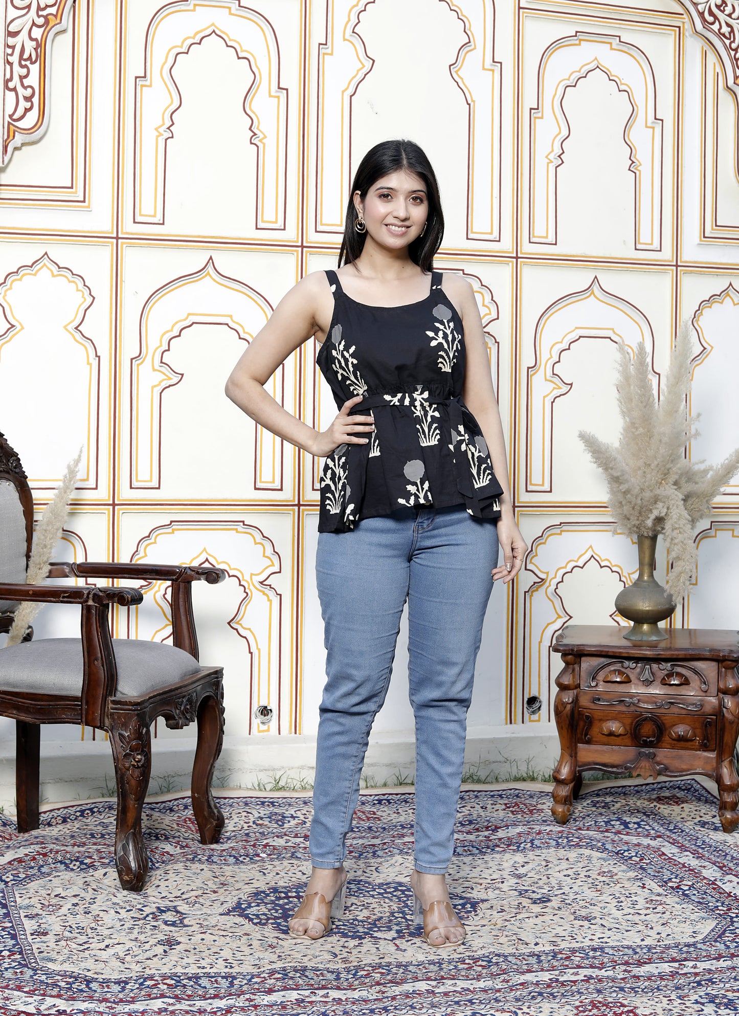 Miravan Womens Pure Cotton Black Floral Printed Round Neck Peplum Noodle Straps Top