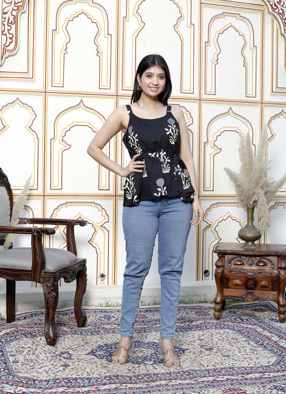 Miravan Womens Pure Cotton Black Floral Printed Round Neck Peplum Noodle Straps Top