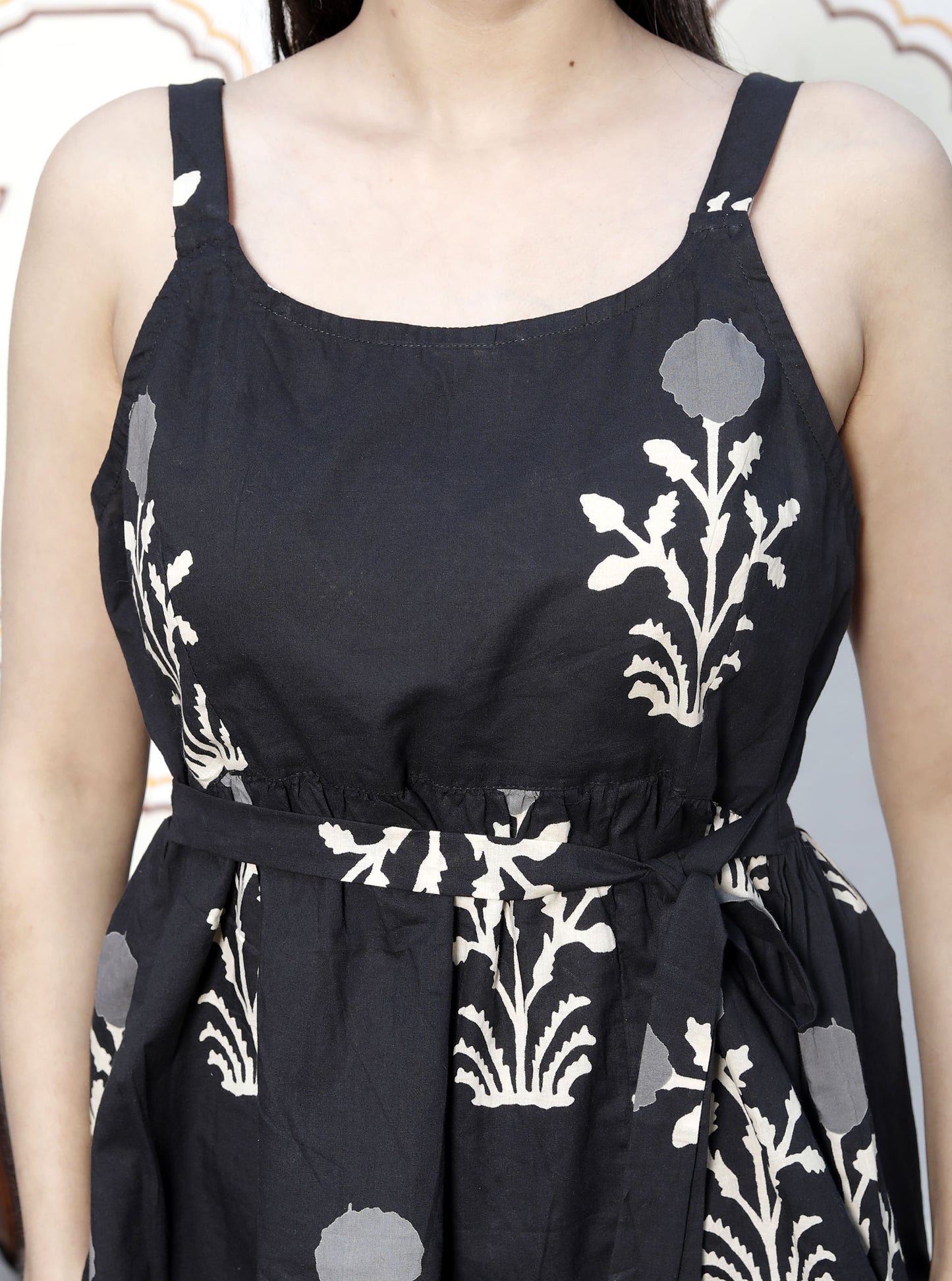 Miravan Womens Pure Cotton Black Floral Printed Round Neck Peplum Noodle Straps Top