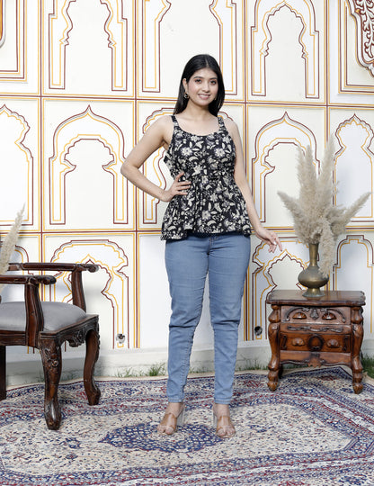 Miravan Womens Pure Cotton Black Floral Printed Noodle Straps Peplum Top
