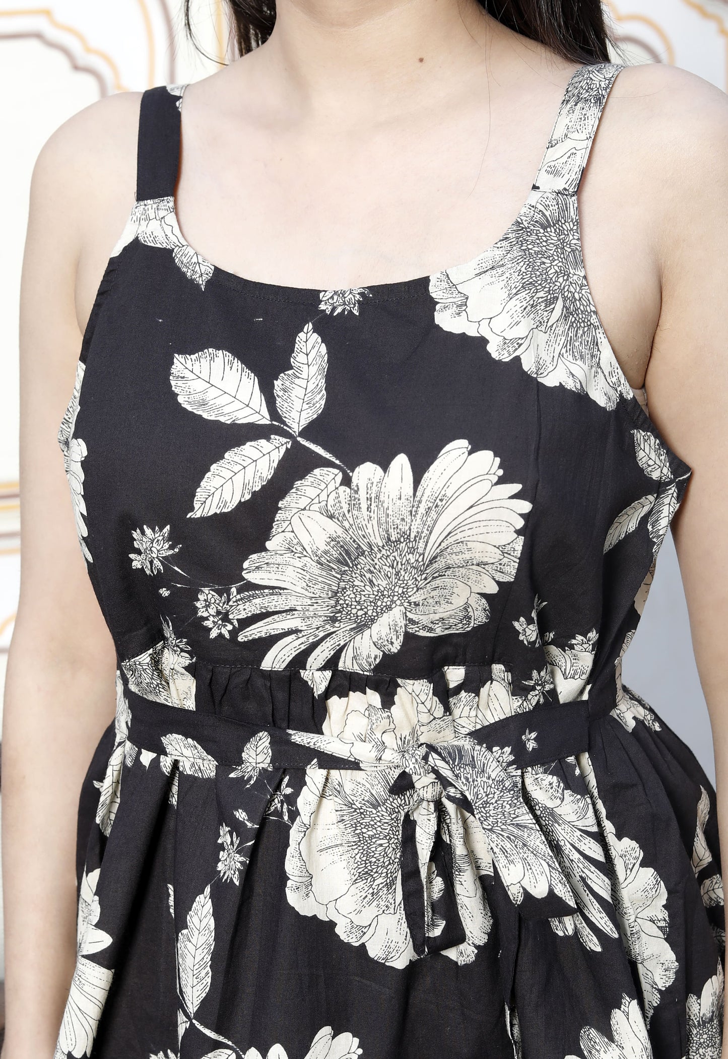 Miravan Womens Pure Cotton Black Floral Print Flared Strappy Noodle PeplumTop