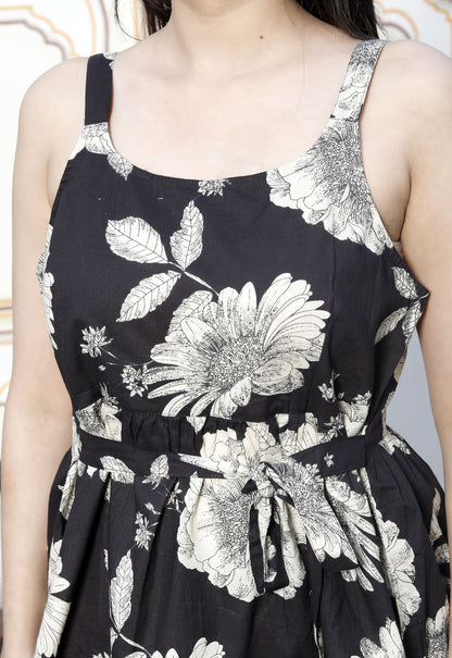 Miravan Womens Pure Cotton Black Floral Print Flared Strappy Noodle PeplumTop