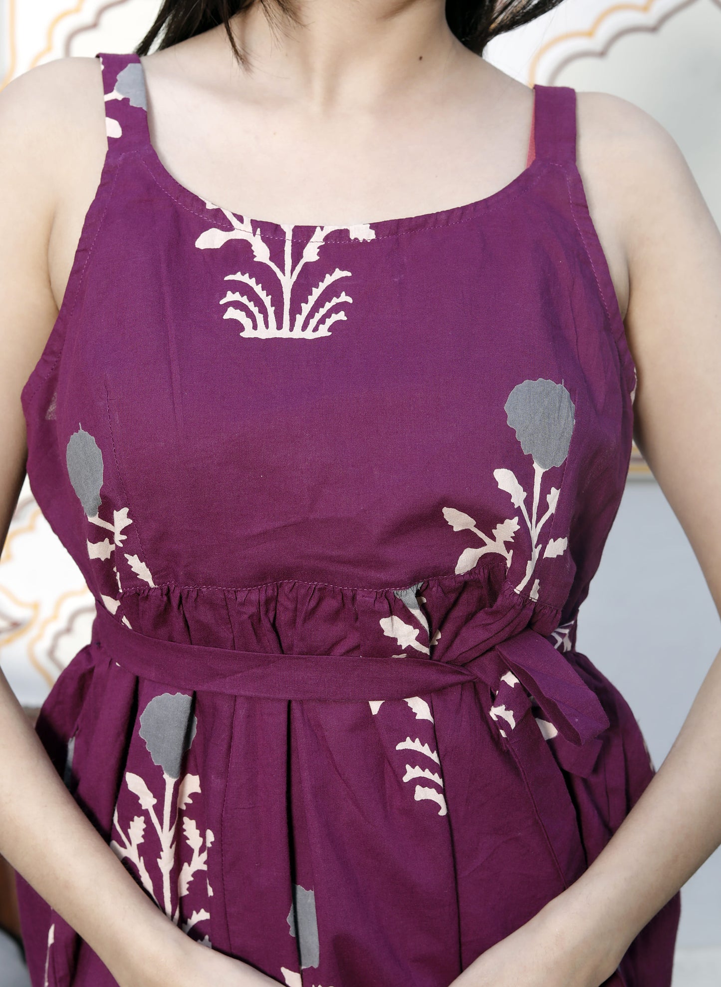 Miravan Womens Pure Cotton Purple Floral Printed Noodle Straps Flared Cotton Top
