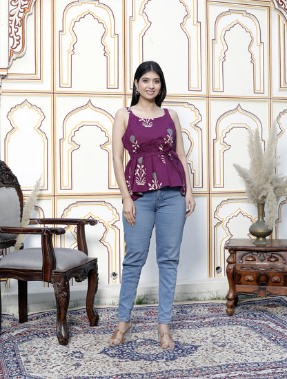 Miravan Womens Pure Cotton Purple Floral Printed Noodle Straps Flared Cotton Top