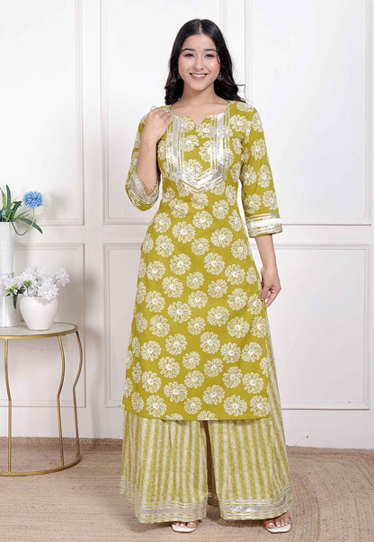 Miravan Women's Lime Yellow Block Printed Kurta with Palazzo