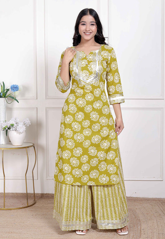 Miravan Women's Lime Yellow Block Printed Kurta with Palazzo