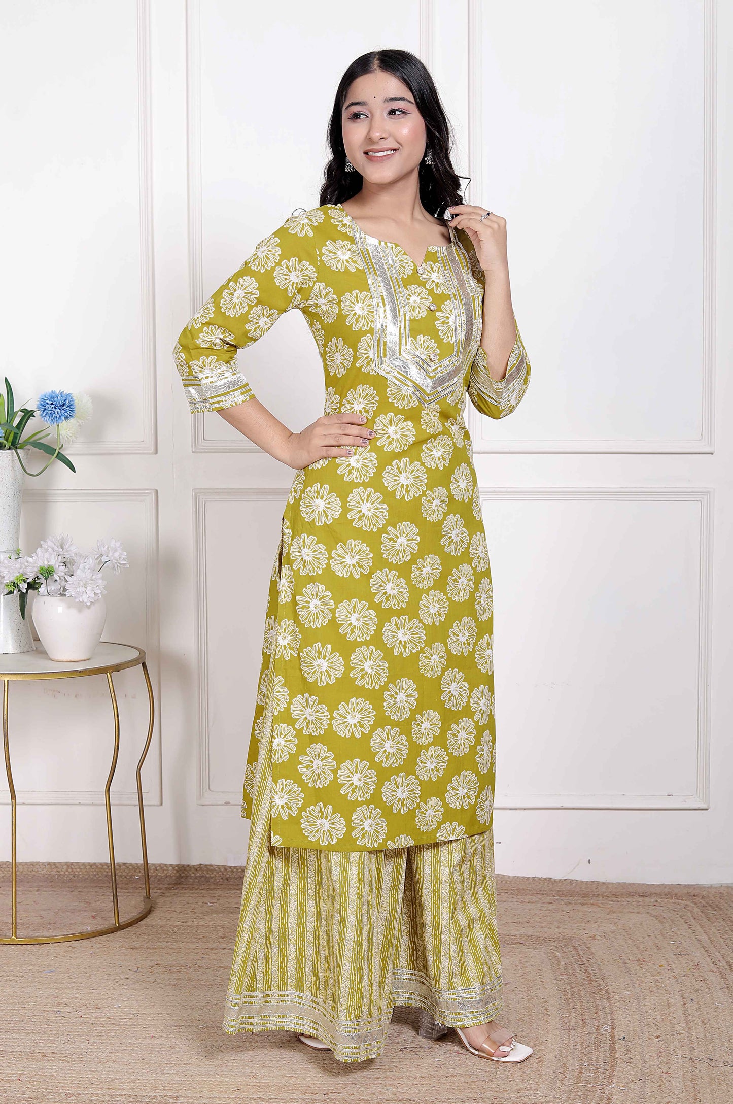 Miravan Women's Lime Yellow Block Printed Kurta with Palazzo