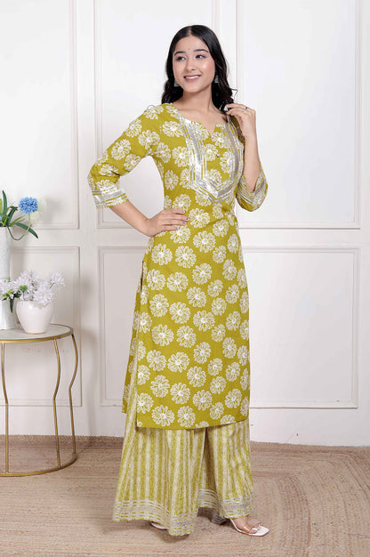 Miravan Women's Lime Yellow Block Printed Kurta with Palazzo