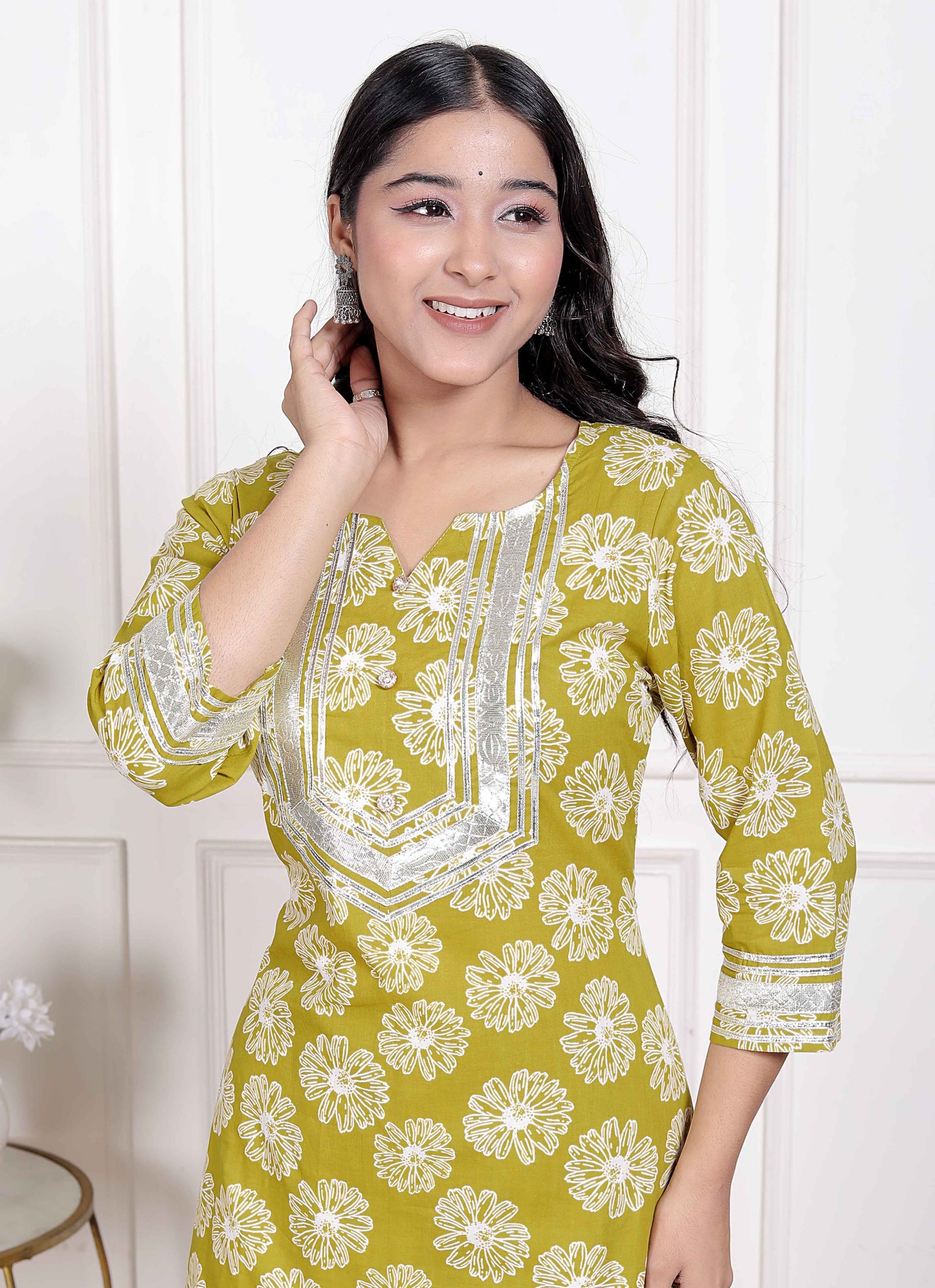 Miravan Women's Lime Yellow Block Printed Kurta with Palazzo