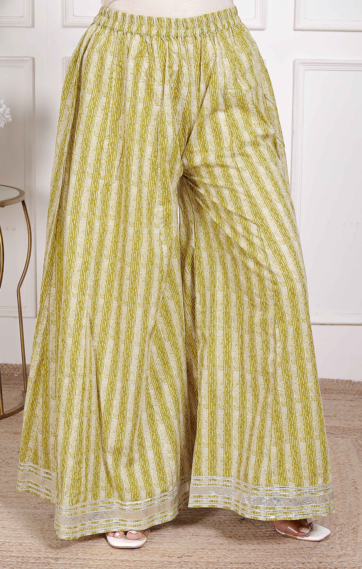 Miravan Women's Lime Yellow Block Printed Kurta with Palazzo