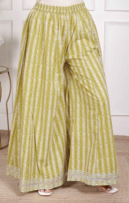 Miravan Women's Lime Yellow Block Printed Kurta with Palazzo