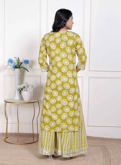 Miravan Women's Lime Yellow Block Printed Kurta with Palazzo