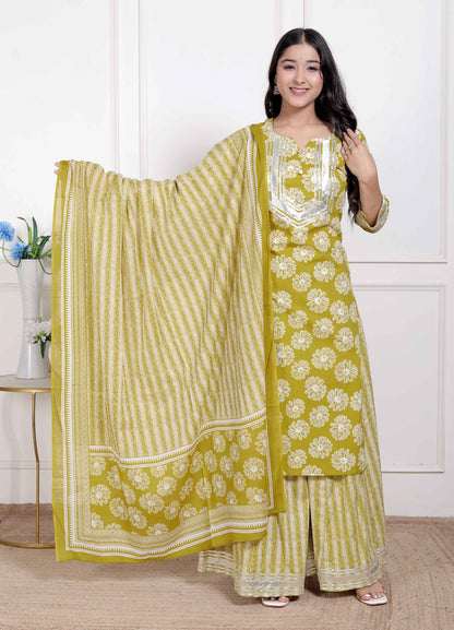 Miravan Women's Lime Yellow Embroidered Straight Kurta with Palazzo and Dupatta