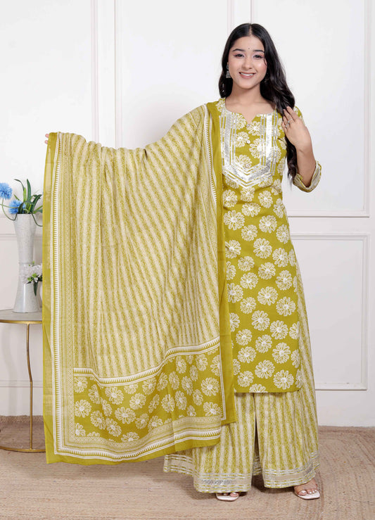 Miravan Women's Lime Yellow Embroidered Straight Kurta with Palazzo and Dupatta