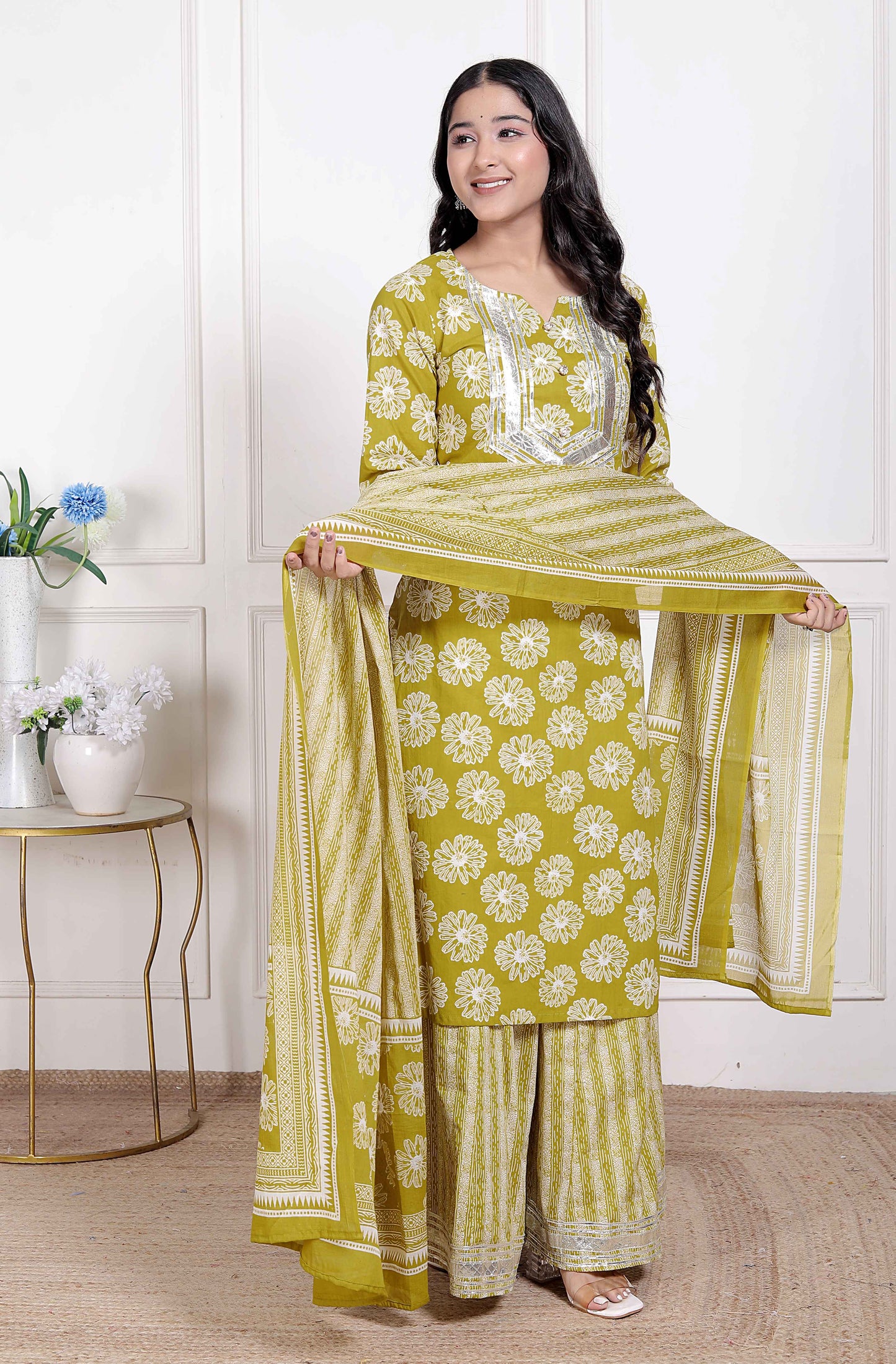 Miravan Women's Lime Yellow Embroidered Straight Kurta with Palazzo and Dupatta
