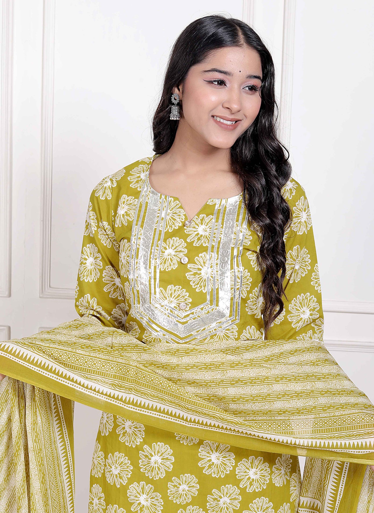Miravan Women's Lime Yellow Embroidered Straight Kurta with Palazzo and Dupatta