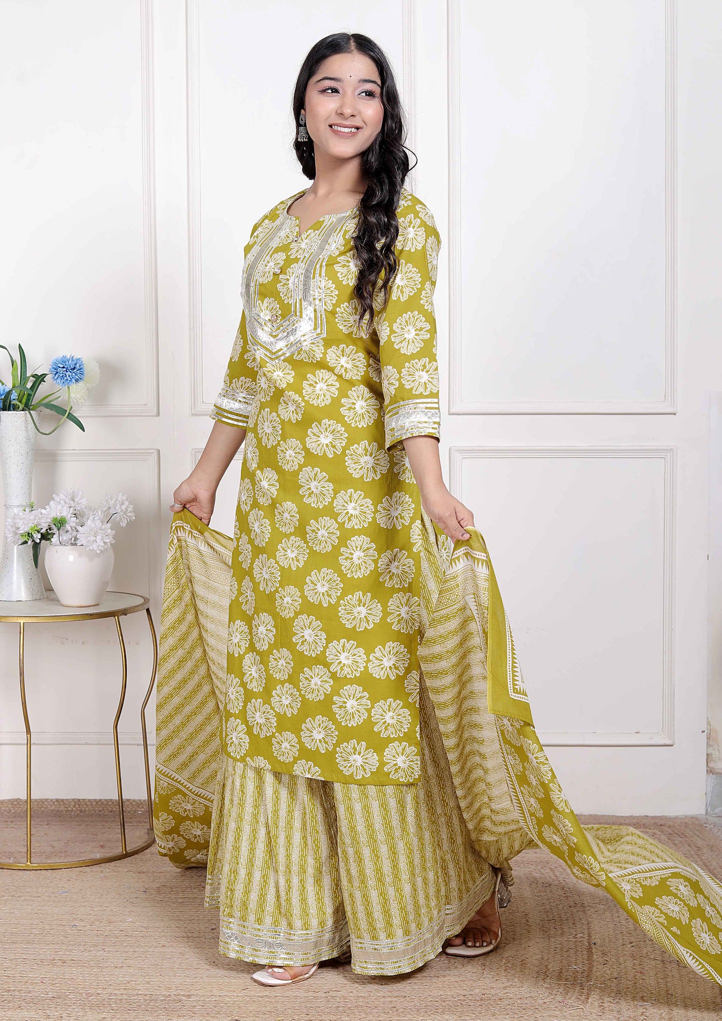 Miravan Women's Lime Yellow Embroidered Straight Kurta with Palazzo and Dupatta