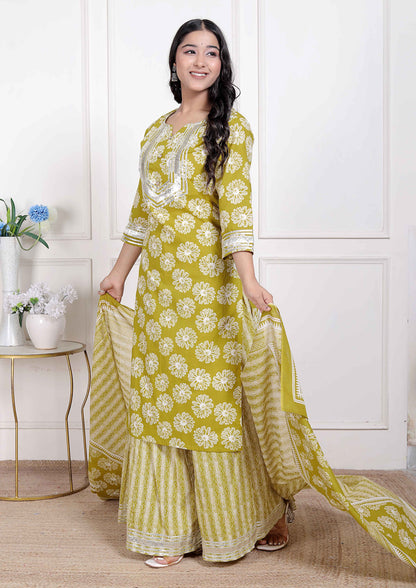 Miravan Women's Lime Yellow Embroidered Straight Kurta with Palazzo and Dupatta
