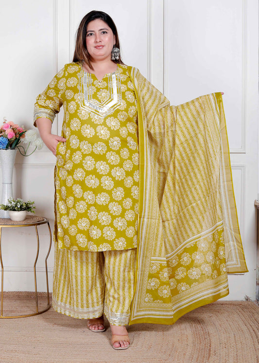 Miravan Plus Size Women's Lime Yellow Embroidered Straight Kurta with Palazzo and Dupatta