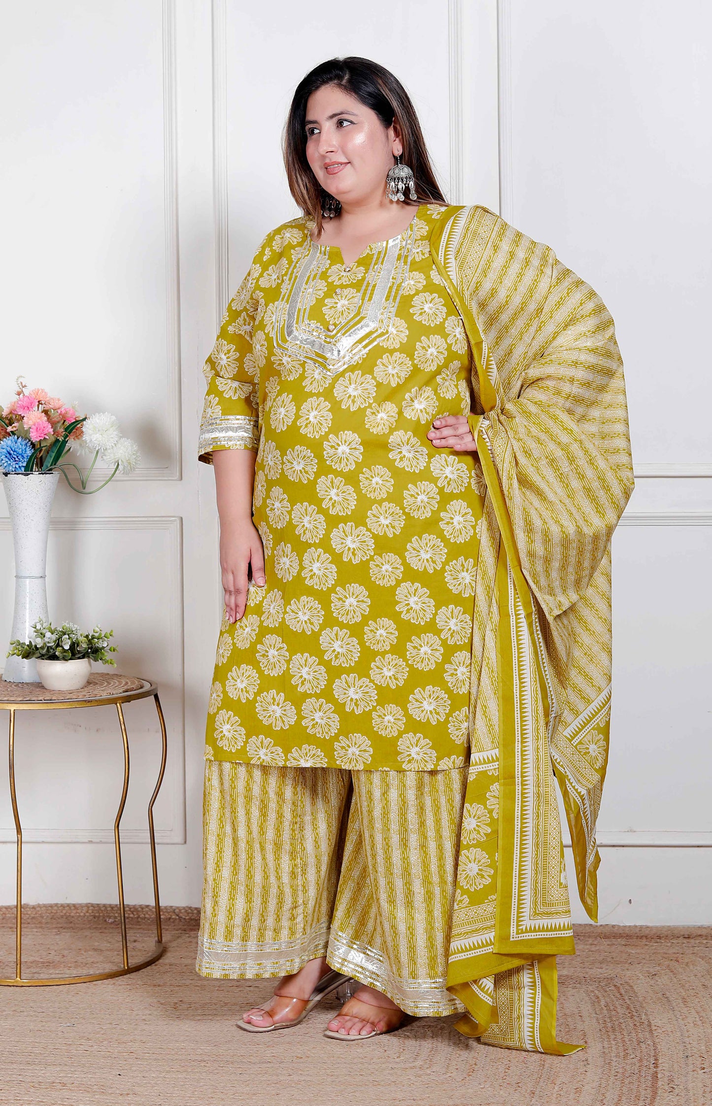 Miravan Plus Size Women's Lime Yellow Embroidered Straight Kurta with Palazzo and Dupatta