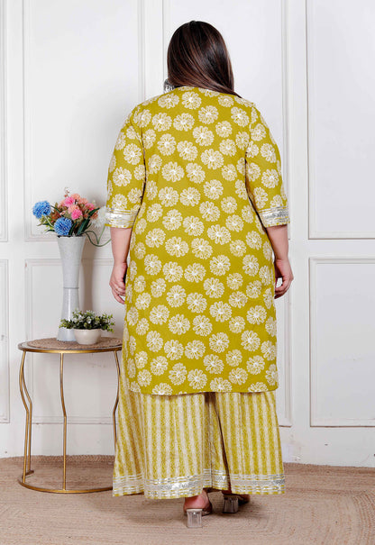 Miravan Plus Size Women's Lime Yellow Embroidered Straight Kurta with Palazzo and Dupatta