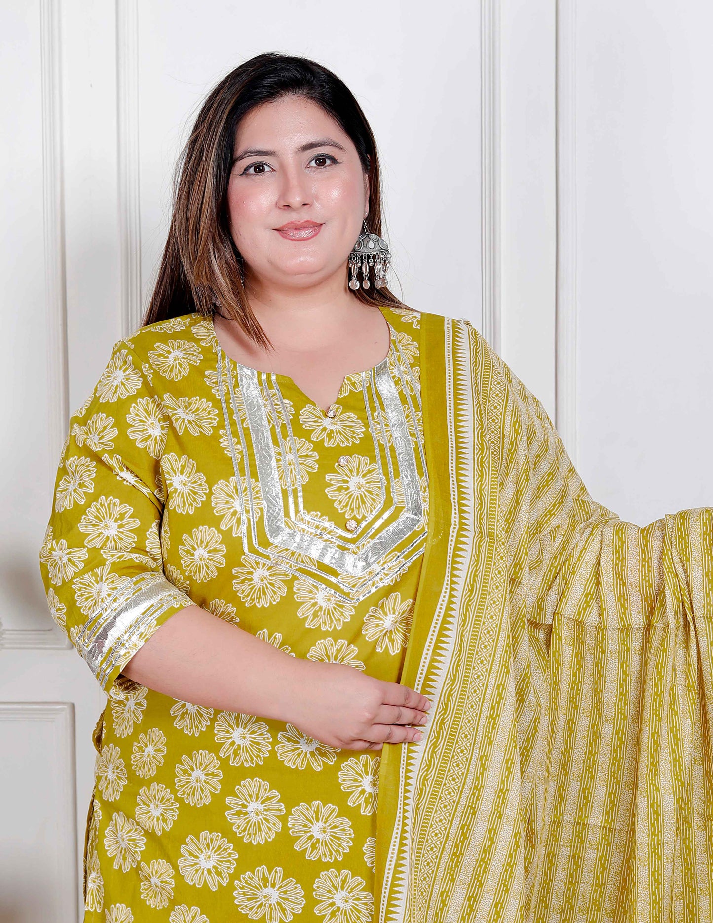 Miravan Plus Size Women's Lime Yellow Embroidered Straight Kurta with Palazzo and Dupatta