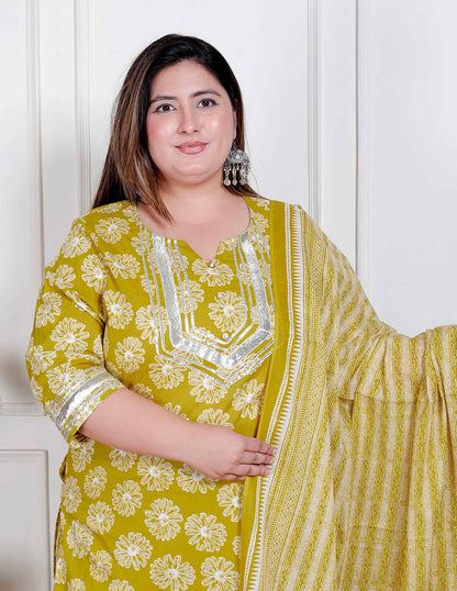 Miravan Plus Size Women's Lime Yellow Embroidered Straight Kurta with Palazzo and Dupatta