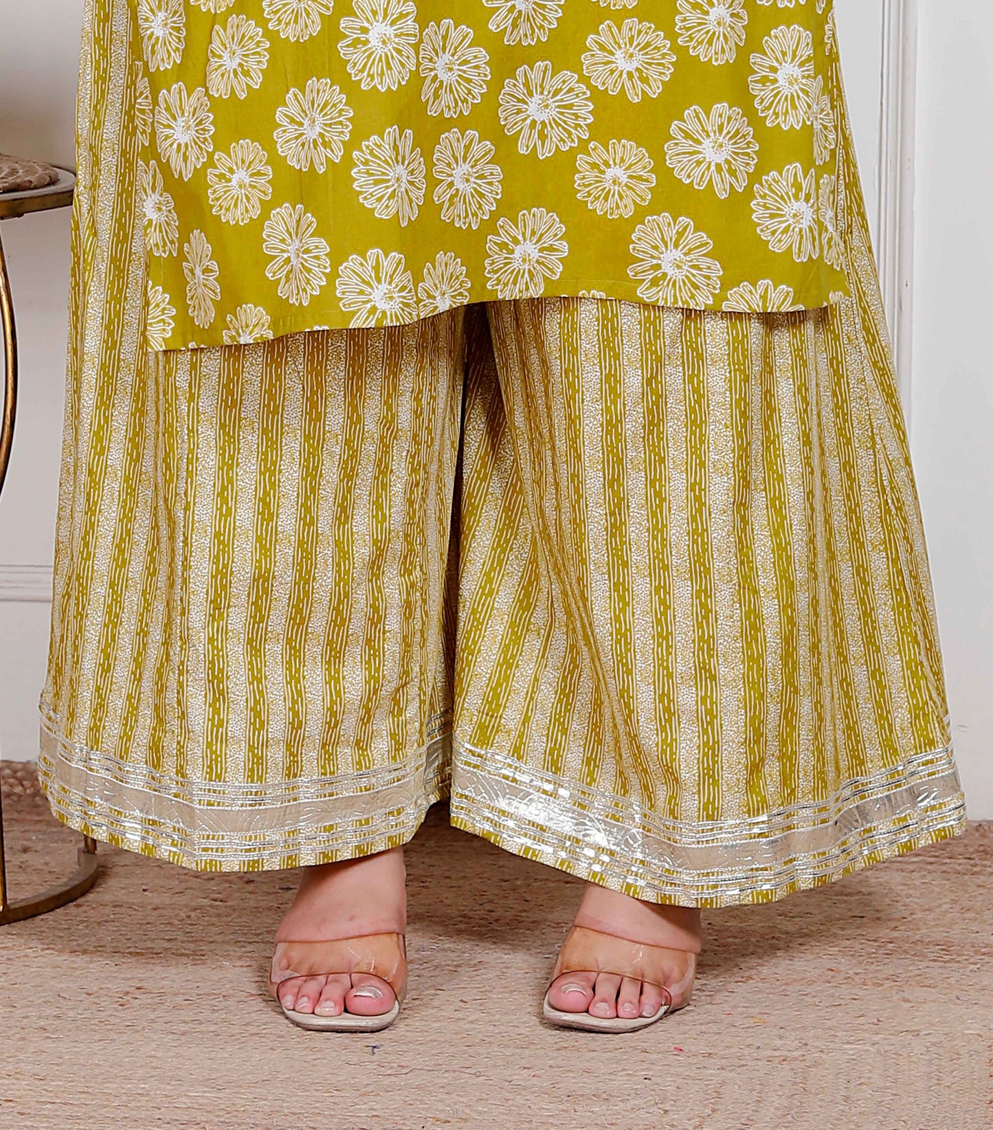 Miravan Plus Size Women's Lime Yellow Embroidered Straight Kurta with Palazzo and Dupatta