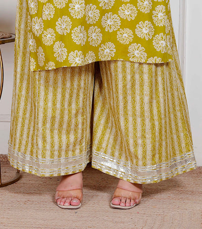 Miravan Plus Size Women's Lime Yellow Embroidered Straight Kurta with Palazzo and Dupatta