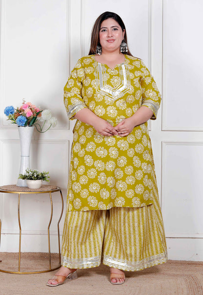Miravan Plus Size Women's Lime Yellow Block Printed Kurta with Palazzo