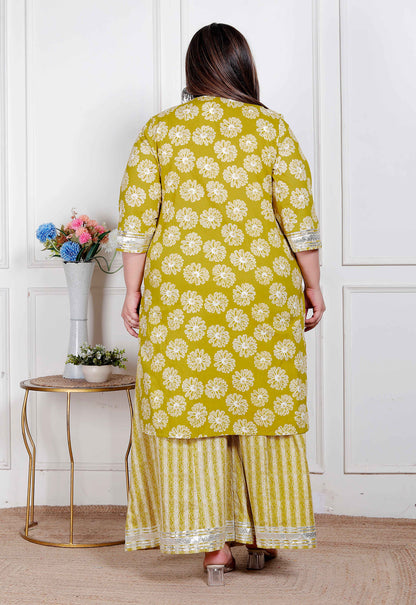 Miravan Plus Size Women's Lime Yellow Block Printed Kurta with Palazzo