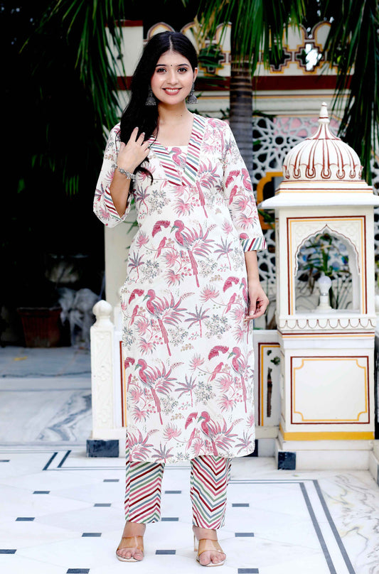 Women's Cotton Light Pink Floral Printed Straight Pakistani Style Kurta And Palazzo - Miravan