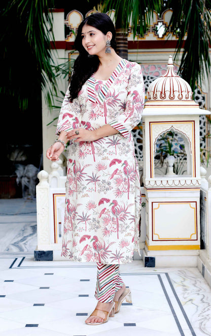 Women's Cotton Light Pink Floral Printed Straight Pakistani Style Kurta And Palazzo - Miravan
