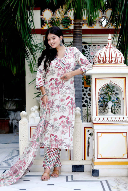 Women's Cotton Light Pink Scenic Birds And Leaf Straight Pakistani Style Suit Set - Miravan