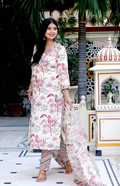 Women's Cotton Light Pink Scenic Birds And Leaf Straight Pakistani Style Suit Set - Miravan