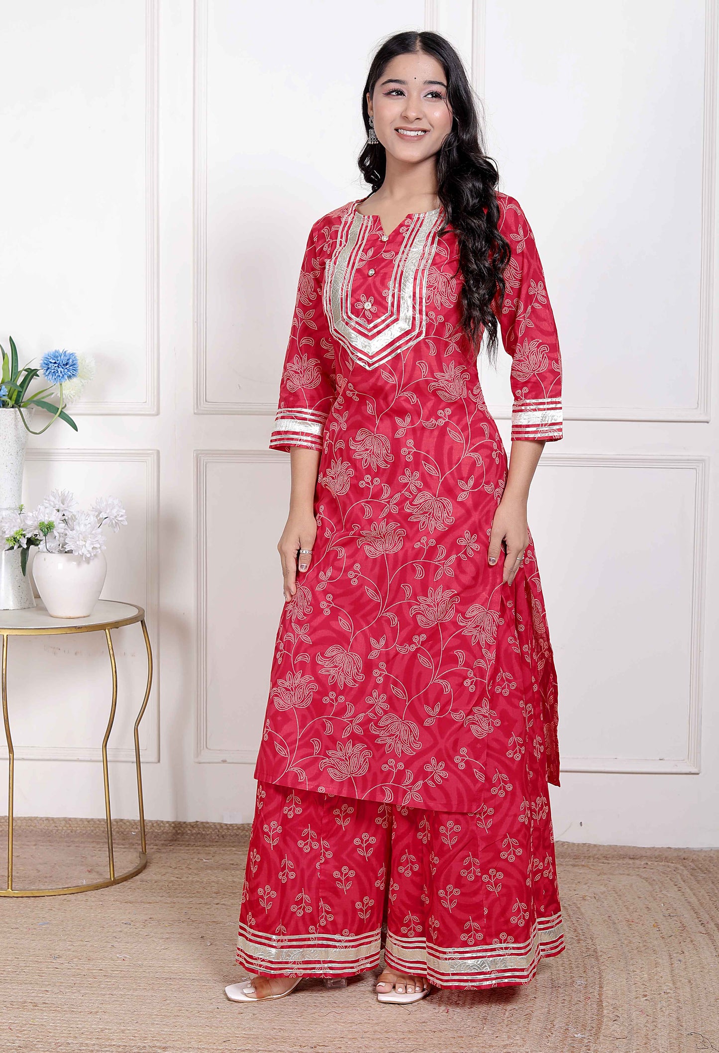 Miravan women's Red cotton Gota Work Kurta with Palazzo